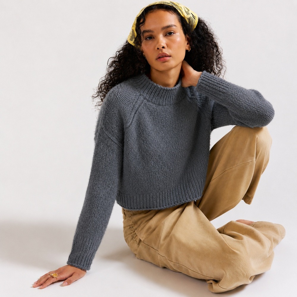 Zara Alpaca Blend Knit Crop Sweater Womens M Blue Gray Fuzzy Casual Jumper